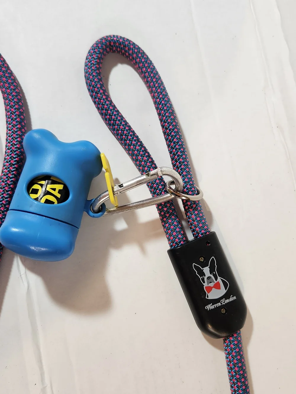 Blue-Pink Braided Rope Dog Leash with Blue Bone Waste Bag Holder